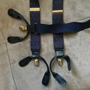 Vintage Austin Reed Navy / Red / Leather trim Suspenders / made in England